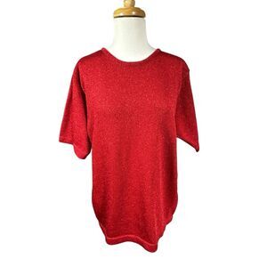 Westbound Red Sparkle Shimmer Short Sleeve Knit Sweater Top Size L Holiday